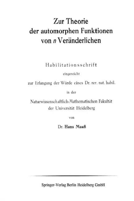 Zur Theorie Der Automorphen Funktionen Von N Veränderlichen (English, Hans Maaß)