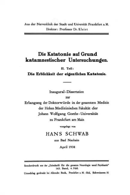Die Katatonie Auf Grund Katamnestischer Untersuchungen (English, Hans Schwab)
