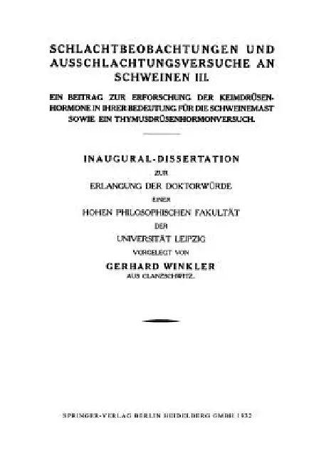 Schlachtbeobachtungen Und Ausschlachtungsversuche an Schweinen III (English, Gerhard Winkler)