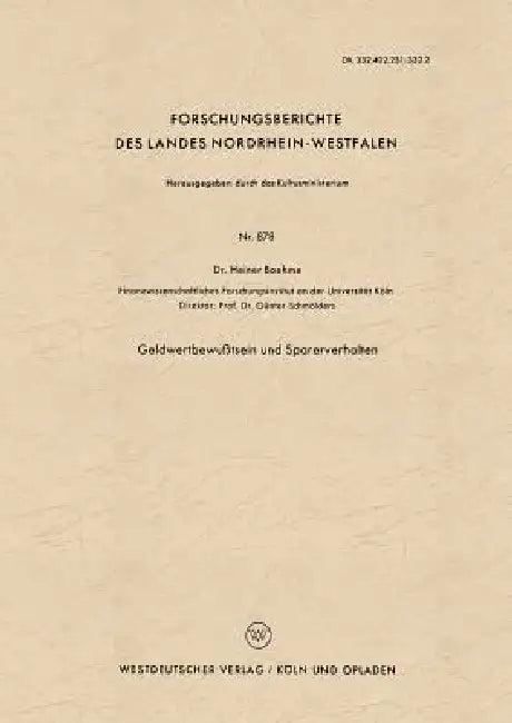 Geldwertbewußtsein Und Sparerverhalten (English, Heiner Boehme)