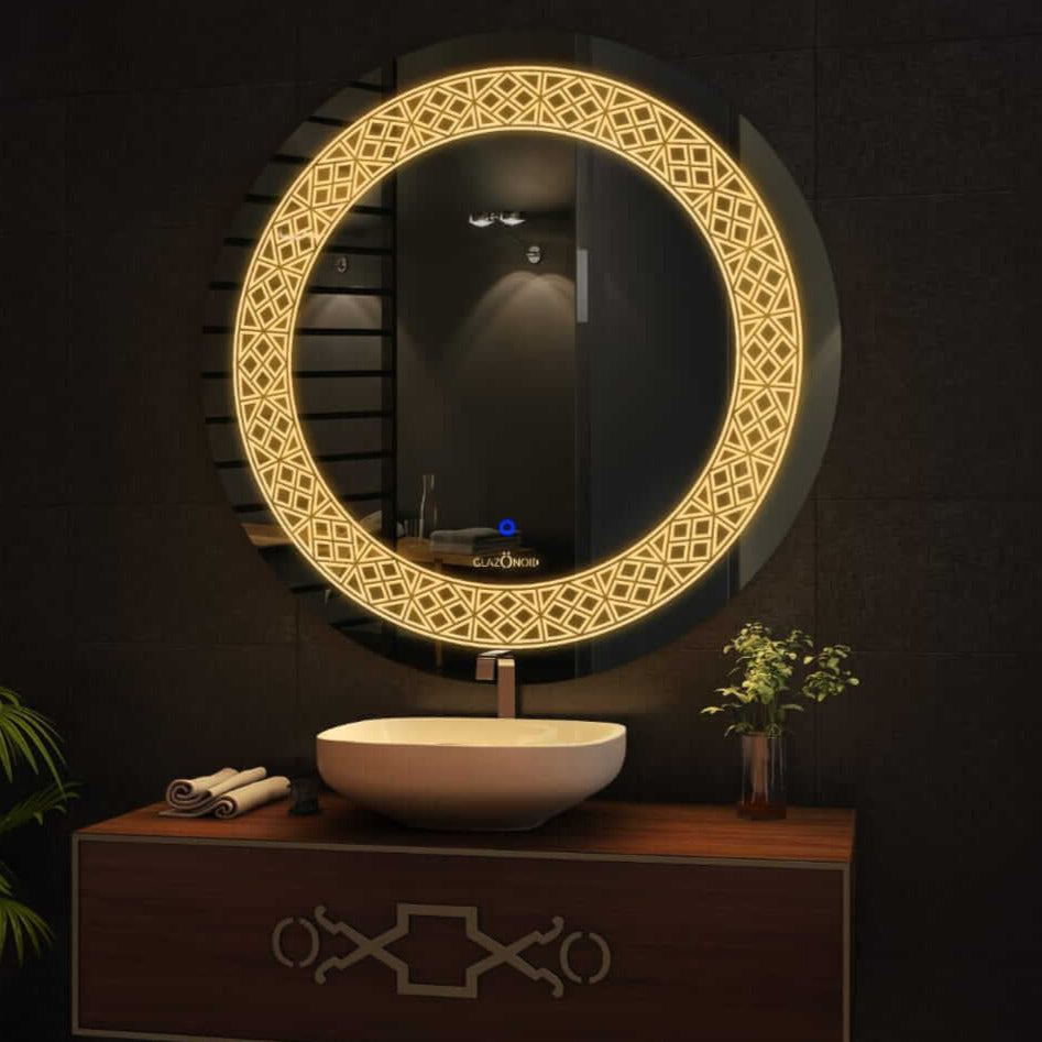 Badge LED Glass Mirror with Custom Lighting Modes | Touch & Motion Sensor Options | Modern Wall Mirror for Bathroom & Bedroom | Multiple Sizes