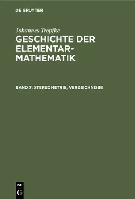 Stereometrie, Verzeichnisse (English, Johannes Tropfke)