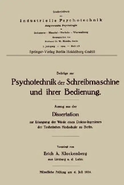 Beiträge Zur Psychotechnik Der Schreibmaschine Und Ihrer Bedienung (English, Erich Alexander Klockenberg)