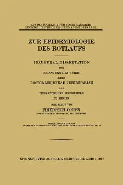 Zur Epidemiologie Des Rotlaufs (English, Friedrich Cohen)